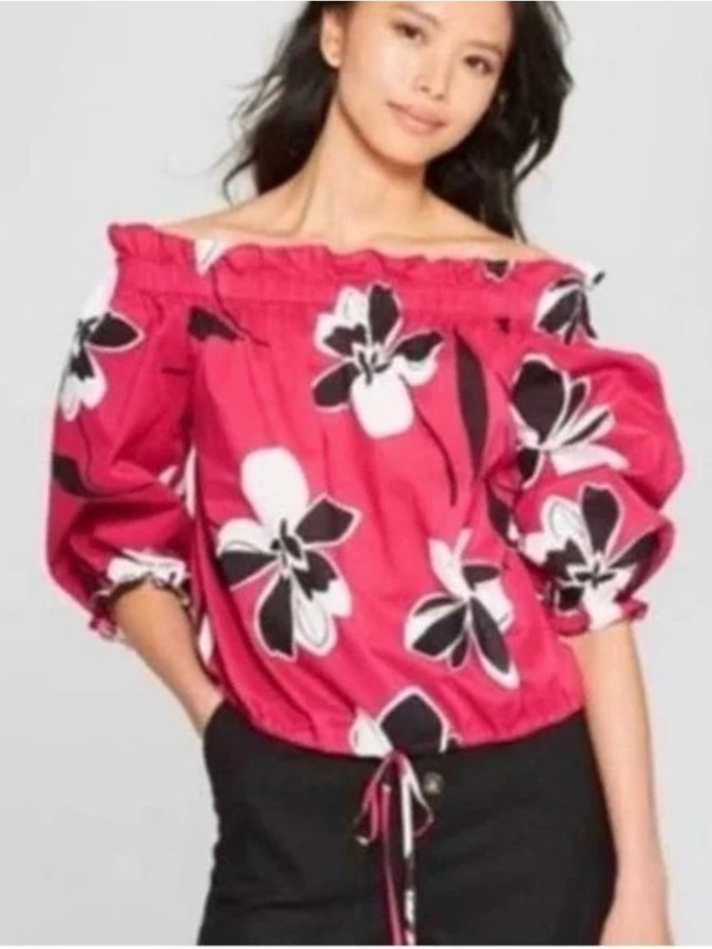 Who What Wear Black & Red Off-Shoulder Floral Peasant Blouse large